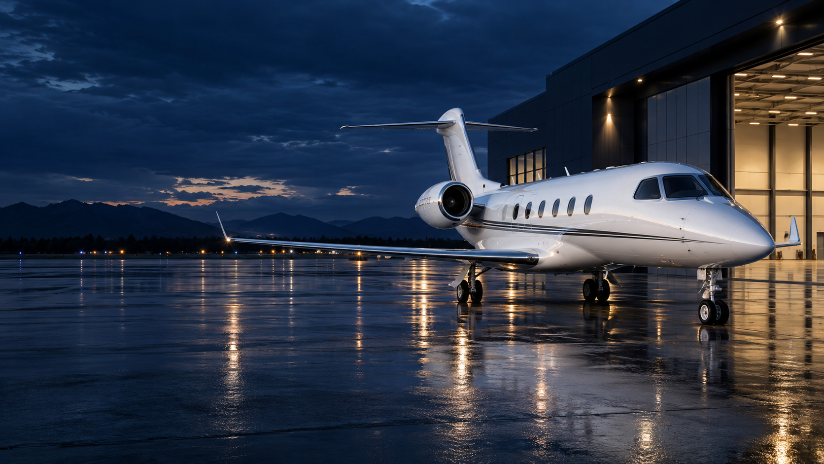 Pristine corporate jet outside a private hangar